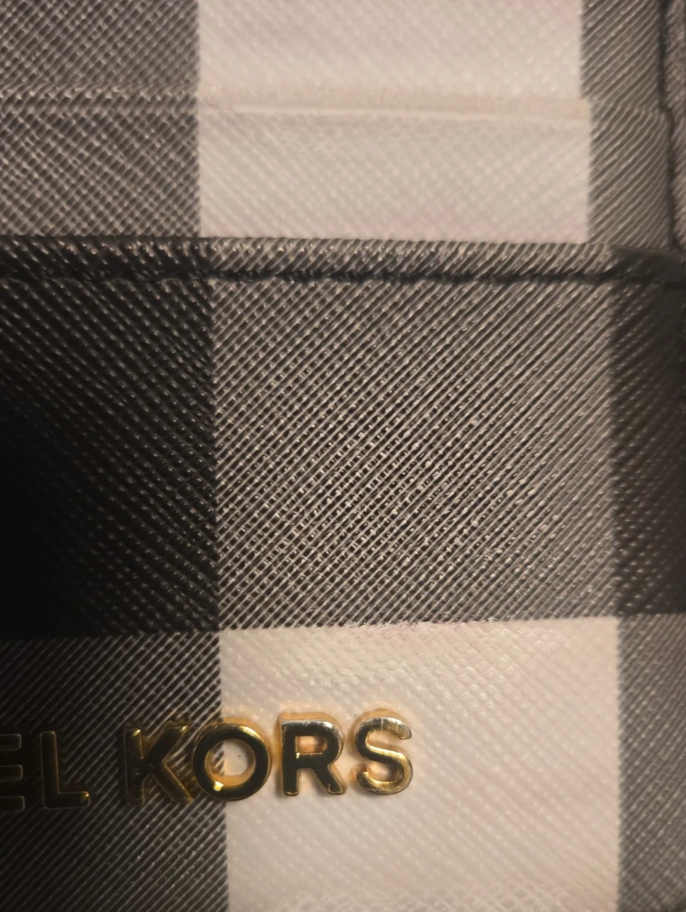 Michael Kors Black and White Check Card Case with Gold Logo